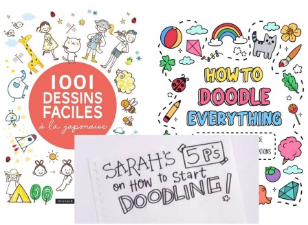 Deux couvertures de livres expliquant comment faire de petits dessins, et une capture d'écran de vidéo qui fait la même chose.